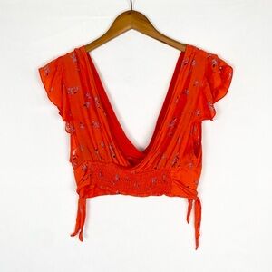 Free People Floral Blouse Red Size Small Crop V Neck